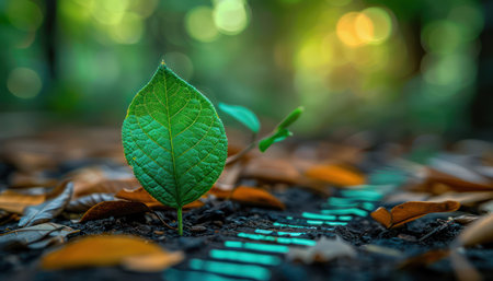 A vibrant green leaf takes center stage against a soft, blurred background of autumn foliage  Sunlight bathes the scene, highlighting the intricate details of the leaf and the rich colors of the forest floor This image captures the essence of ecological growth, showcasing the beauty and fragility of nature AI Generativeの素材