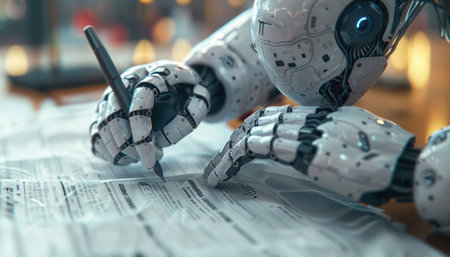 ##  Photostock Description: 

**Advanced AI robots seamlessly integrate into the modern office, revolutionizing document signing and business operations Witness the future of work as robots leverage artificial intelligence to enhance efficiency and precision, automating tasks and streamlining processes** AI Generativeの素材