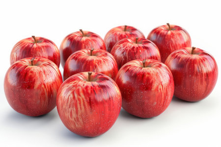A bountiful collection of crisp, red apples, glistening under natural light against a pristine white backdrop Each apple radiates with vibrant color and freshness, showcasing their perfect condition for healthy eating, snacking, baking, or juicing The image evokes a sense of natural goodness and deliciousness AI Generativeの素材