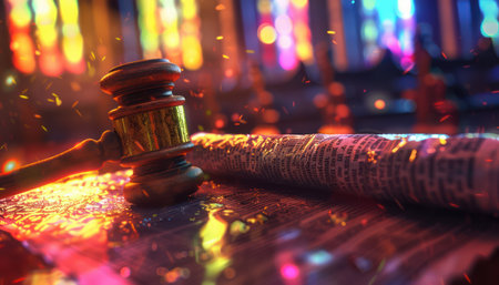 A dramatic composition featuring a gavel and legal document bathed in colorful light  The vibrant hues symbolize the complexities and passion of justice  Shadows and highlights create a sense of intrigue and urgency, emphasizing the weight of legal proceedings  This image is perfect for illustrating concepts of law, justice, and legal proceedings AI Generativeの素材