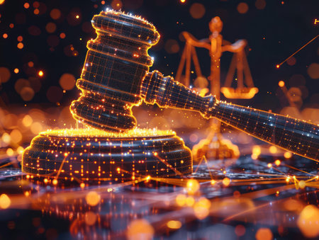 &quot;Digital Justice&quot; delves into the evolving legal landscape shaped by technology and cybersecurity Explore the intersection of modern law, AI legislation, and virtual courtrooms in this comprehensive exploration of the future of justice in a digital age AI Generativeの素材