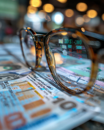 A close-up shot of eyeglasses perched atop financial documents, reflecting a blurred background of market data, business analysis, and economic trends The image symbolizes the importance of clear vision and strategic planning in financial investment and decision-making AI Generativeの素材