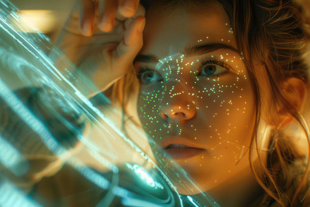 A futuristic girl interacts with a holographic display, showcasing cutting-edge digital technology Immersed in virtual reality, she navigates a dynamic, interactive world This concept image highlights the potential of future tech development for seamless user experiences and innovative applications AI Generativeの素材