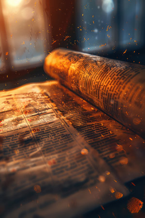 Bathed in warm sunlight, ancient texts rest open in a dusty library Sunbeams illuminate faded pages, casting long shadows and highlighting the delicate dust motes dancing in the air A sense of history and mystery pervades, inviting exploration and discovery AI Generativeの素材