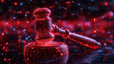 A striking visual merging justice and technology A judge&#39;s gavel, symbol of legal authority, pierces a digital landscape of network graphics This powerful image represents the evolving legal system in the digital age, where technology and justice intertwine AI Generativeの素材