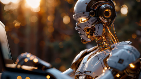 A cutting-edge AI robot navigates a futuristic landscape, seamlessly blending nature and innovation Its advanced technology showcases the rapid progress in robotics and artificial intelligence, embodying modern technological trends This image represents the exciting intersection of nature and innovation, highlighting the boundless possibilities of AI AI Generativeの素材