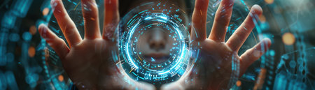 A futuristic digital interface with a holographic display captivates the viewer Hands interact with virtual elements, showcasing advanced technology and innovation This sci-fi concept explores the enigmatic possibilities of future technology AI Generativeの素材