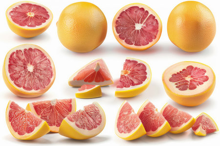 A vibrant collection of grapefruit sections, ranging from halves to slices and quarters, are displayed against a pristine white backdrop This close-up shot highlights the fresh citrus fruit's vibrant colors and textures, showcasing its juicy appeal and inviting the viewer to taste its tangy sweetness AI Generativeの素材