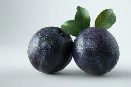 Fresh, dewy black plums, glistening with moisture, are arranged with lush green leaves against a pristine white background This captivating image captures the essence of a refreshing and healthy snack, perfect for showcasing fruit recipes and promoting healthy eating AI Generativeの素材