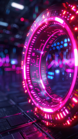Step into a neon-drenched cyberpunk future with this high-tech portal  Glowing digital elements pulse and shimmer, hinting at advanced technology and a world of limitless possibilities  Perfect for sci-fi concepts, futuristic backdrops, and innovative designs AI Generativeの素材