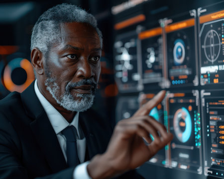 A focused executive interacts with an innovative virtual interface on advanced futuristic digital screens This experienced professional analyzes data in a modern, high-tech workspace, showcasing the power of business technology  The image captures the dynamic world of cutting-edge data analysis and the future of business AI Generativeの素材