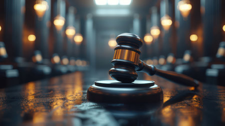 A gavel rests on a weathered wooden table, bathed in dramatic lighting The courtroom setting evokes a sense of anticipation and weight as justice hangs in the balance This high-stakes judicial environment is ripe with tension, symbolizing the power of law and the drama of legal proceedings AI Generativeの素材
