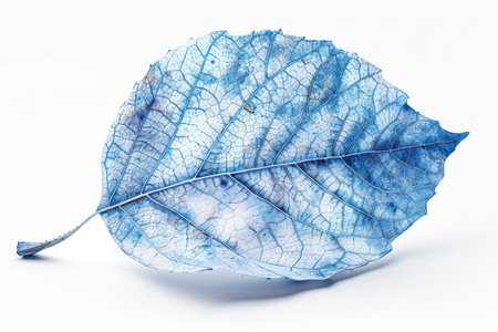 A solitary leaf, bathed in vibrant blue hues, stands out against a crisp white background Its intricate veins and organic structure are meticulously detailed, showcasing the mesmerizing beauty of nature&#39;s patterns This close-up captures the delicate texture and stunning complexity of a single leaf, creating a visually captivating image AI Generativeの素材