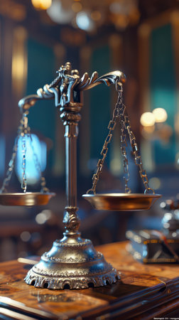A vintage courtroom scene bathed in soft, atmospheric light Intricately detailed silver scales of justice stand poised on a polished table, symbolizing fairness and judgment  The elegant setting evokes a sense of timelessness and gravitas AI Generativeの素材