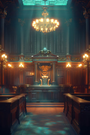 A majestic courtroom exudes vintage charm with ornate wooden interiors A grand chandelier illuminates the judge&#39;s bench, casting a warm glow on the dignified ambiance The hall&#39;s intricate details and historical presence evoke a sense of solemnity and justice AI Generativeの素材