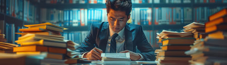 A lone student immerses himself in a mountain of books at a well-stocked library Bathed in the soft glow of a lamp, he meticulously studies, his focus unwavering Rows of towering shelves create an atmosphere of scholarly dedication, hinting at the vast knowledge he seeks This image embodies the spirit of academic pursuit and the power of focused learning AI Generativeの素材