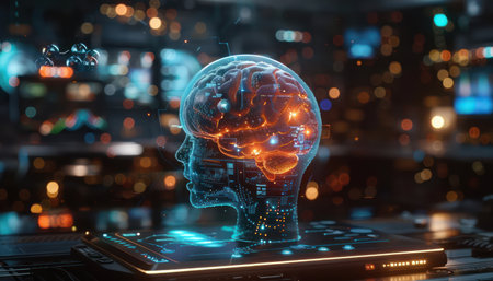 A futuristic digital brain interface seamlessly connects a human mind with a virtual neural network, showcasing advanced AI in a high-tech environment  Cybernetic connections illuminate the possibilities of merging biological and digital consciousness, creating a bridge between the physical and virtual realms AI Generativeの素材