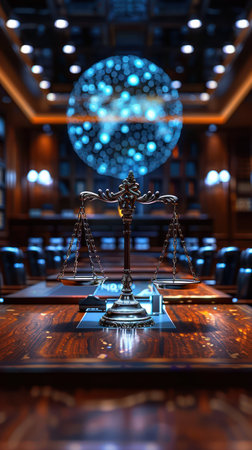 A majestic grand courtroom scene, bathed in soft light, features the scales of justice poised perfectly An illuminated globe reflects in the polished floor, symbolizing the global reach of law and order This powerful image embodies the legal balance and the pursuit of justice in a grand and dignified setting AI Generativeの素材