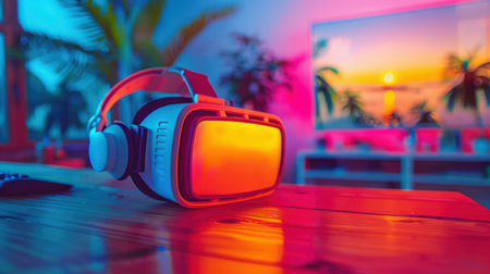 A futuristic room bathed in neon light and adorned with tropical decor sets the scene for an immersive gaming experience A modern VR headset with headphones sits atop a wooden table, beckoning users to escape into virtual worlds The vibrant lighting and stylish decor merge technology with a sense of escapism, promising an unforgettable gaming adventure AI Generativeの素材