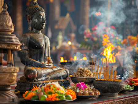 A serene Buddhist temple scene evokes tranquility A golden Buddha statue sits amidst flickering candlelight, incense smoke swirling around it Delicate flowers adorn the altar, creating a space for quiet contemplation and spiritual connection AI Generativeの素材