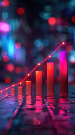 A futuristic city skyline illuminates a vibrant neon growth chart A rising bar graph, pulsating with color and light, represents soaring business success The dynamic composition captures the essence of progress and innovation, ideal for depicting growth, ambition, and technological advancements AI Generativeの素材