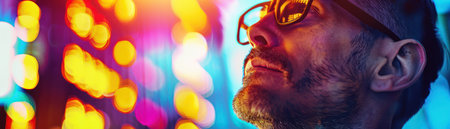 A man stands captivated by the vibrant neon glow of a modern city, his silhouette framed against a backdrop of dazzling lights Bokeh swirls create a mesmerizing atmosphere, capturing the energy and allure of urban nightlife This captivating street photography evokes a sense of excitement and mystery, perfectly capturing the pulse of a bustling city AI Generativeの素材