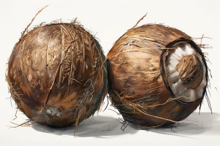 Two rough brown coconuts, one whole and one partially opened, showcase the natural beauty of these tropical fruits The fibrous shells, with their organic texture and raw exterior, tell a story of nature&#39;s resilience The close-up view highlights the intricate details of the coconuts, capturing their unique character AI Generativeの素材