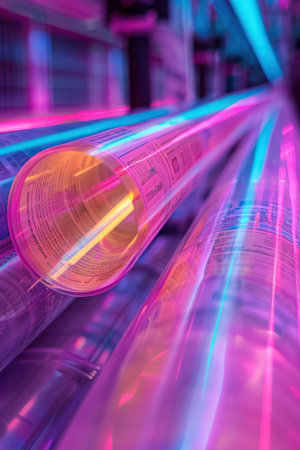 A dazzling symphony of color and form! This abstract photo features vibrant neon lights illuminating sleek, cylindrical structures in a futuristic setting  Intriguing reflections dance across the surfaces, creating a mesmerizing visual experience  Perfect for projects seeking a bold, otherworldly aesthetic AI Generativeの素材