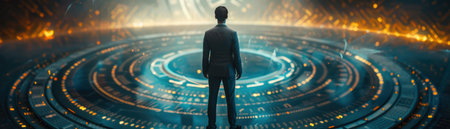 A lone figure stands amidst a mesmerizing futuristic interface, enveloped in a swirling vortex of abstract light patterns  Advanced digital technology pulses around him, hinting at a future world where humanity and technology intertwine  This conceptual digital artwork explores the potential of future tech and its impact on our lives AI Generativeの素材