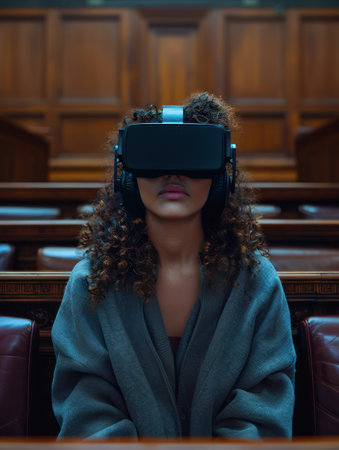 A woman engrossed in a virtual reality experience within a courtroom setting This image represents the growing use of VR technology in the legal system for education, training, and even recreation The woman&#39;s facial expression captures the immersive nature of VR, highlighting its potential to revolutionize the legal field AI Generativeの素材