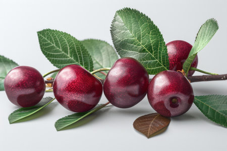A captivating close-up reveals the vibrant beauty of ripe red cherries, their glossy surfaces glistening against a pristine white backdrop Lush green leaves frame the juicy fruit, creating a visually stunning composition that celebrates the freshness and vibrancy of nature Perfect for health-conscious individuals, culinary enthusiasts, and those seeking a touch of natural beauty in their home decor AI Generativeの素材