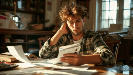 A young man, bathed in soft natural light, sits immersed in study Books and papers surround him, creating a cozy haven of knowledge His focused gaze and furrowed brow reflect intense concentration, as he delves into the world of learning The warm atmosphere invites viewers to share in his intellectual pursuit AI Generativeの素材