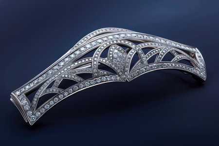 This exquisite diamond brooch exudes modern elegance with its geometric design Crafted with the finest diamonds, it features intricate patterns that catch the light beautifully A timeless piece perfect for special occasions, this brooch adds a touch of sophistication to any outfit AI Generativeの素材
