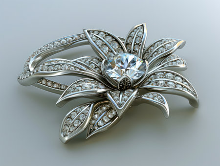 This exquisite diamond brooch features a delicate floral motif, capturing the beauty of nature in a timeless design Crafted with meticulous detail, it adds a touch of elegance to any outfit Perfect for special occasions or as a thoughtful gift, this brooch is a symbol of grace and sophistication AI Generativeの素材