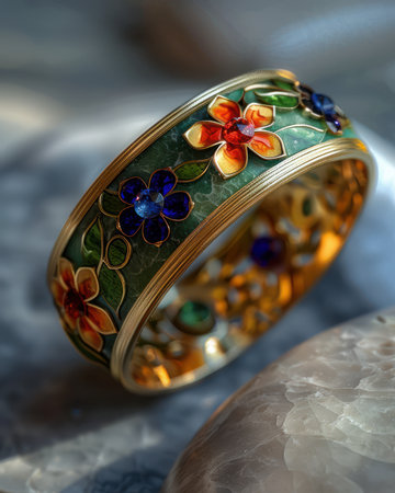 This exquisite jade bracelet features intricate gemstone inlay, radiating opulence and elegance A perfect blend of art and luxury, it makes a statement accessory for any occasion Handcrafted with meticulous detail, this bracelet is a timeless treasure and a luxurious gift AI Generativeの素材