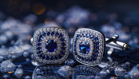 Elevate your style with these exquisite diamond cufflinks  The shimmering diamonds create a luxurious contrast against the deep blue sapphire inlay, adding a touch of elegance to any formal attire Crafted with timeless class, these cufflinks make a sophisticated gift for any occasion AI Generativeの素材