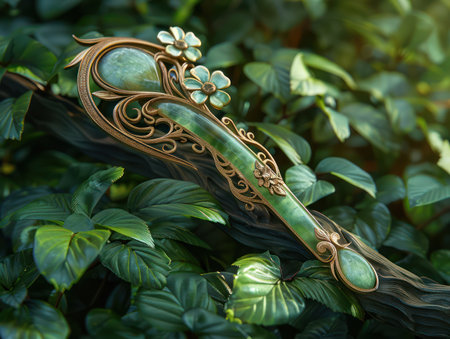 An exquisite jade hairpin, adorned with intricate patterns, showcases timeless elegance This high-quality piece boasts detailed charm, making it a unique gift for women Perfect for special occasions, this elegant accessory adds a touch of sophistication to any hairstyle A collectible treasure for jewelry enthusiasts AI Generativeの素材