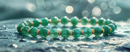 This elegant jade anklet boasts playful gemstone accents, merging high fashion with sophisticated style Crafted for chic and versatile adornment, this piece is a perfect blend of luxury and effortless elegance The delicate jade and shimmering gemstones create a timeless and eye-catching look AI Generativeの素材