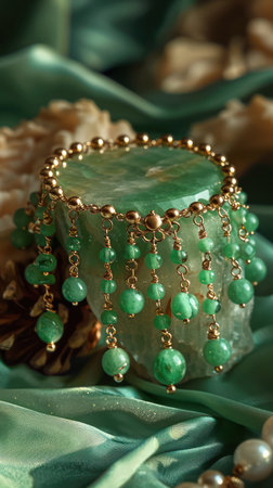 A luxurious jade anklet, crafted with high-resolution gemstones and adorned with delicate gold charms This exquisite piece of jewelry embodies timeless elegance and unique style, perfect for discerning jade enthusiasts who appreciate exceptional craftsmanship AI Generativeの素材