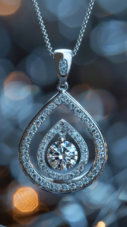 A shimmering teardrop pendant hangs gracefully, adorned with sparkling gemstones Its intricate design and radiant brilliance make it a captivating centerpiece This elegant piece is perfect for jewelry lovers and fashion enthusiasts seeking a statement accessory AI Generativeの素材