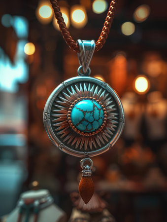 A captivating turquoise pendant with a sunburst design, this piece radiates charm and elegance Perfect as a gift or for personal style, this unique necklace features vibrant turquoise stones in a timeless design Its stunning beauty will make a statement and elevate any outfit AI Generativeの素材