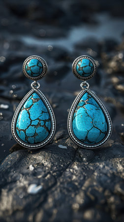 These elegant turquoise earrings feature a stunning drop design, adding a touch of sophistication to any outfit Crafted with high-quality materials, they exude timeless beauty and effortless chic Perfect for elevating your wardrobe with a touch of elegance, these earrings are a must-have for any fashion-forward woman AI Generativeの素材