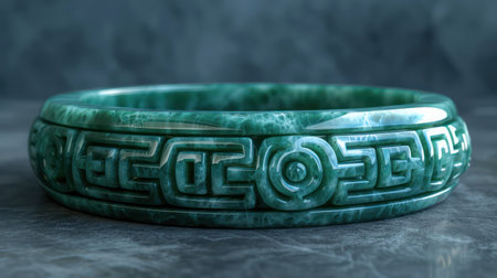 A stunning jade bangle crafted with meticulous detail Intricate geometric patterns adorn its surface, showcasing the beauty of the jade stone and intricate craftsmanship This high-quality piece is perfect for sophisticated accessorizing, adding a touch of elegance to any ensemble A unique artistic statement piece that will be cherished for years to come AI Generativeの素材