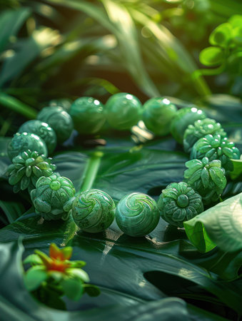 A timeless treasure, this exquisite jade bracelet showcases intricate floral carvings, embodying the elegance and sophistication of nature's beauty The high-quality jade radiates a subtle glow, making it a perfect statement piece for any occasion AI Generativeの素材