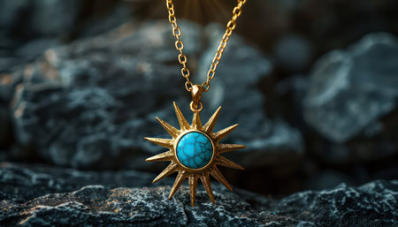 This exquisite turquoise pendant showcases a captivating sunburst design, radiating timeless elegance Handcrafted with meticulous artistry, the unique gemstone necklace features vibrant turquoise stones, captivating the eye with its radiant beauty A perfect statement piece for any occasion, this jewelry embodies style and sophistication AI Generativeの素材