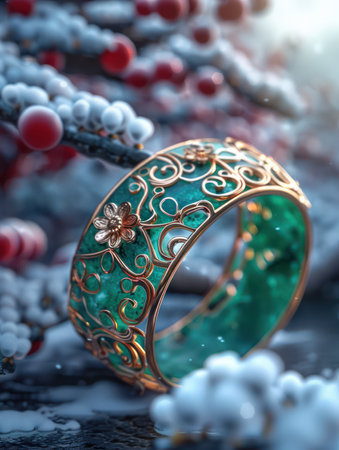 This exquisite jade bangle showcases intricate designs and artistic elegance Crafted from high-quality green jade, its unique handcrafted details make it a luxurious accessory  The intricate patterns and vibrant green hue of the jade create a truly captivating piece of jewelry AI Generativeの素材