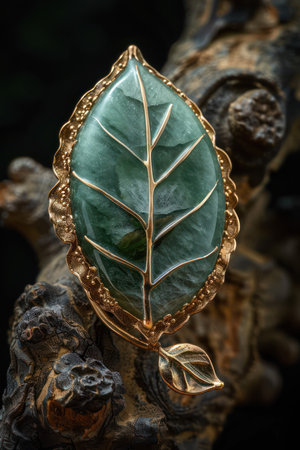 This exquisite jade brooch is a handcrafted masterpiece, featuring an intricate leaf motif that embodies nature's beauty Crafted with high-quality jade, this timeless piece exudes elegance and charm The delicate green gemstone and intricate design make it a perfect adornment for any occasion AI Generativeの素材