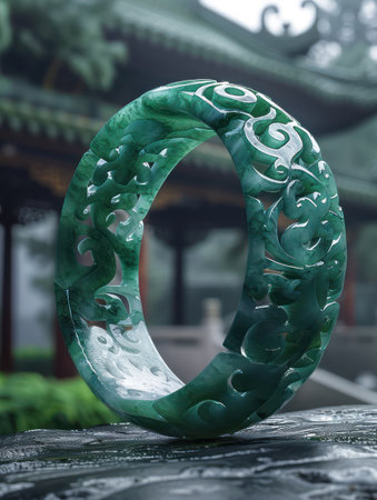 A stunning jade bangle featuring intricate designs, showcasing exquisite craftsmanship The rich green hue and elaborate details create a timeless and elegant look, making it a perfect fashion statement for any occasion This bangle is a testament to the artistry of jade jewelry AI Generativeの素材