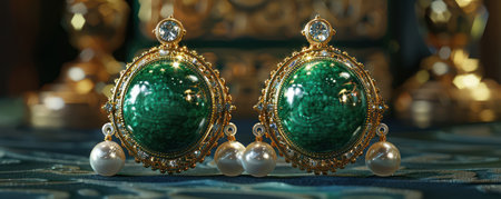 Exquisite jade earrings adorned with delicate pearl drops These luxurious earrings embody refined elegance, making them a perfect choice for discerning jewelry enthusiasts The combination of jade and pearls creates a timeless and sophisticated look, ideal for special occasions or everyday wear AI Generativeの素材