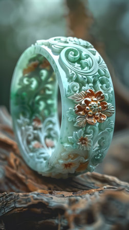 This exquisite jade bangle is a masterpiece of intricate craftsmanship  Carved with delicate motifs, the high-quality jade radiates an elegant green hue This timeless piece is a perfect addition to any jewelry collection, adding a touch of sophistication and beauty to your wrist AI Generativeの素材
